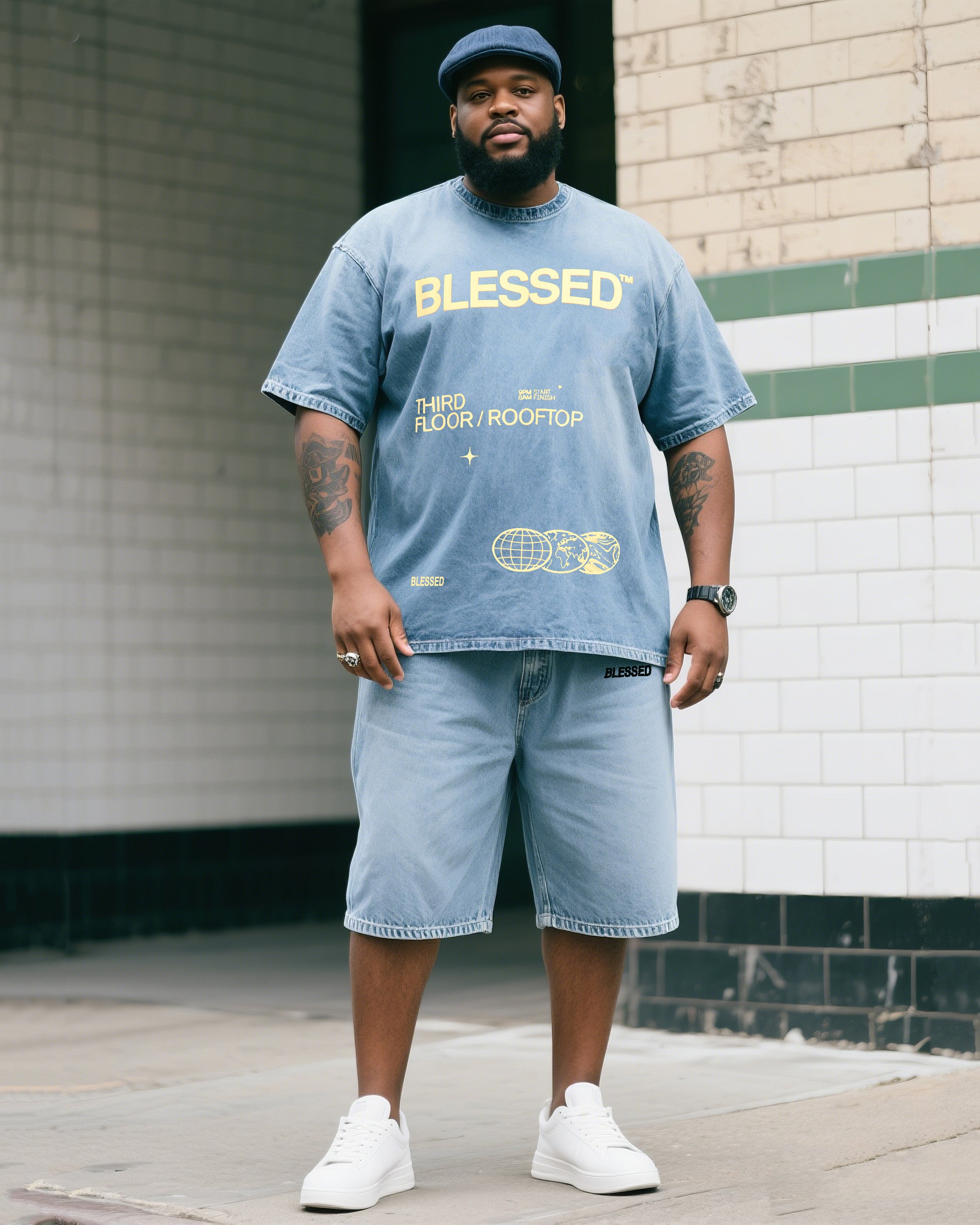 Plus Size Boy's Blessing Print Short Sleeve Shorts Denim Suit