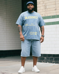 Plus Size Boy's Blessing Print Short Sleeve Shorts Denim Suit
