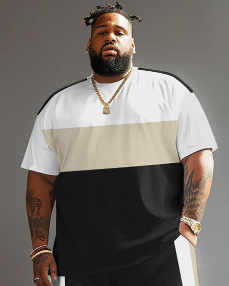 Street Casual Large Striped Colorblock Printed Big Men's Set