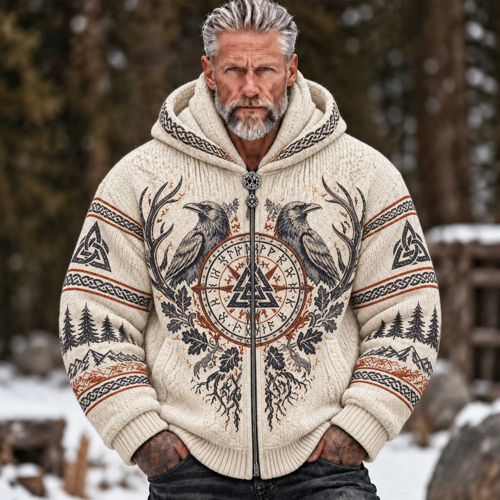 Men's Vintage Viking Norse Compass Raven Celtic Oak Leaf Mountain Graphic Winter Sweater