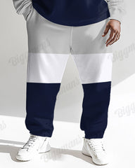 Men's Blue And Grey Colorblock Printed Plus Size Round Neck Sweatshirt Suit