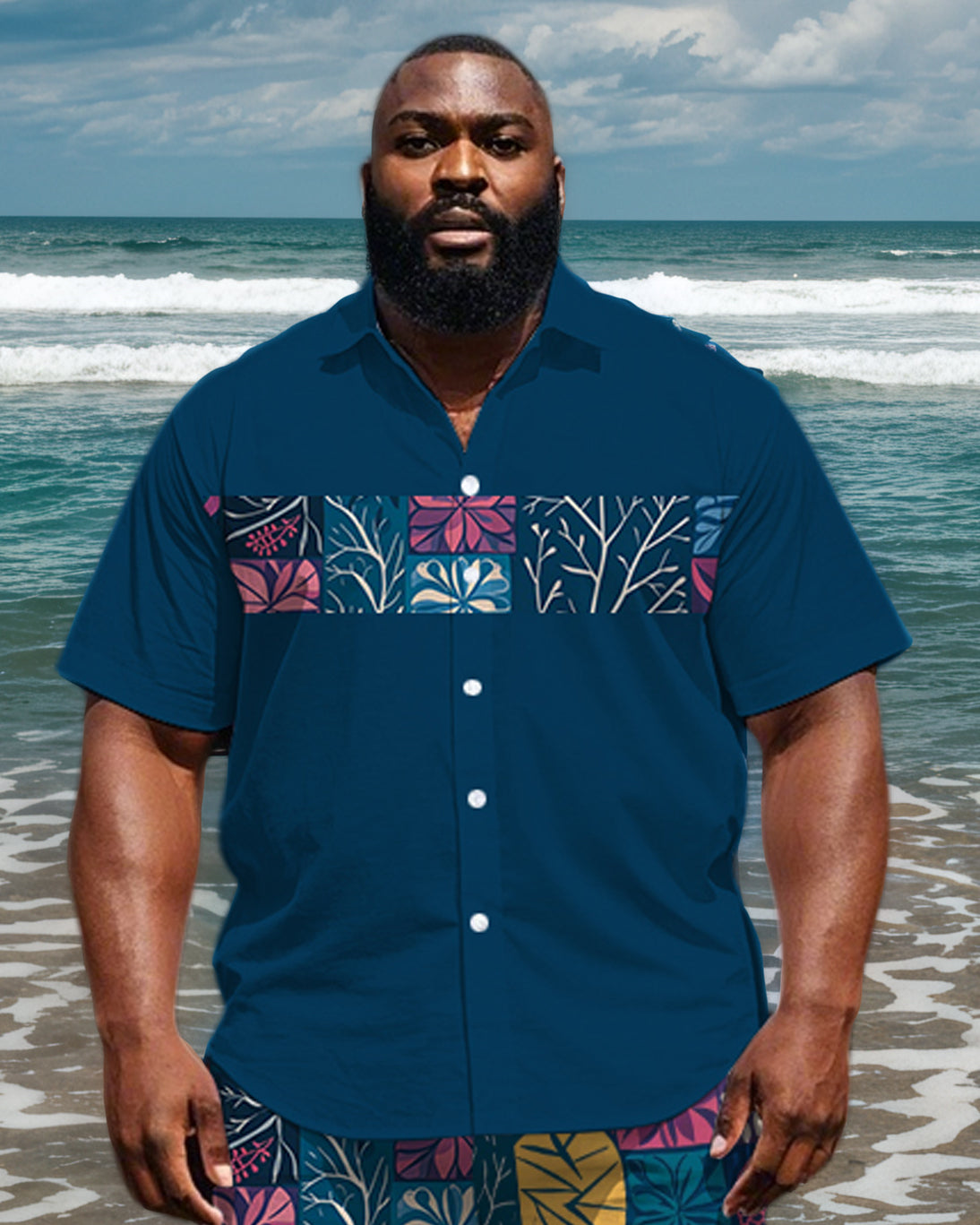 Big Men's Retro Fashion Color Block Plaid Abstract Floral Printed Short Sleeve Shirt Shorts Set