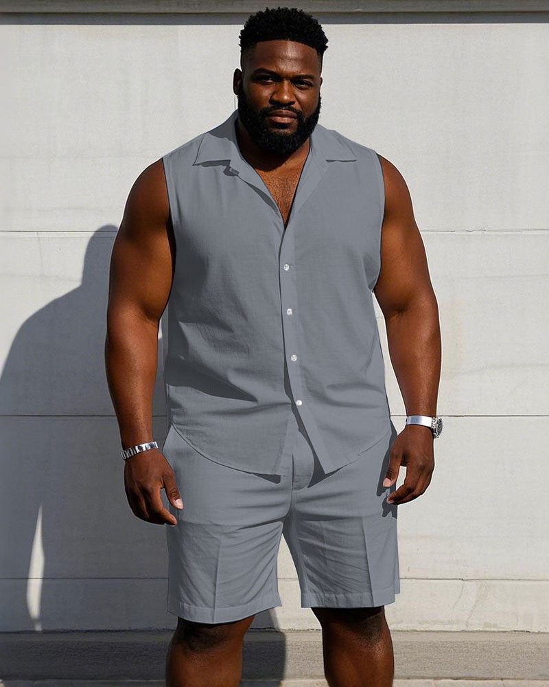 Men's Plus Size Sleeveless Vest Shirt Shorts Suit-Solid 10 Color Choice