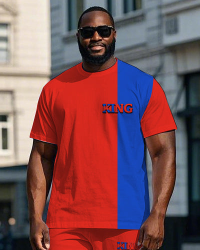 Men's Big Size Splicing Blue & Red Color Block KING Printed Short Sleeve T-shirt Pants Set