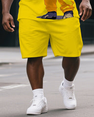 Men's Fashion Yellow Cool Gorillas Cartoon Print Big & Tall Laid-back Short-Sleeve T-shirt & Short Set