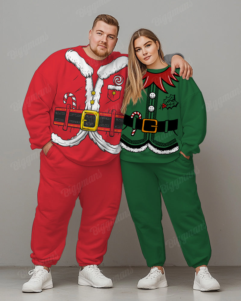 Couple Big and Tall Christmas Santa Elfie Cosplay Sweatshirt 2-Piece Set