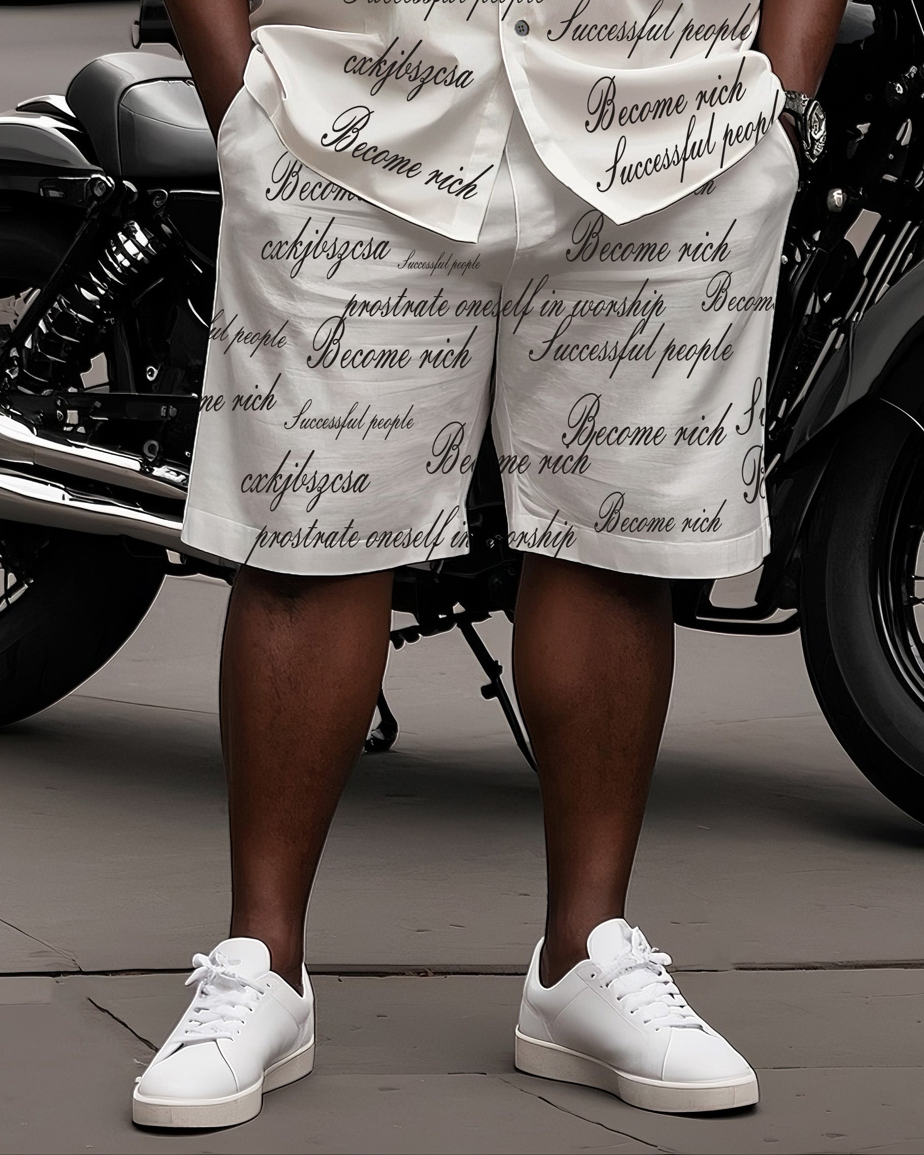 Big Man's Street Biker Style Rich People Successful People Letter Print White Short Sleeve Shirt Shorts Suit