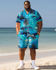 Big Guys Hawaiian Seaside Coconut Tree Print Shirt Shorts Set