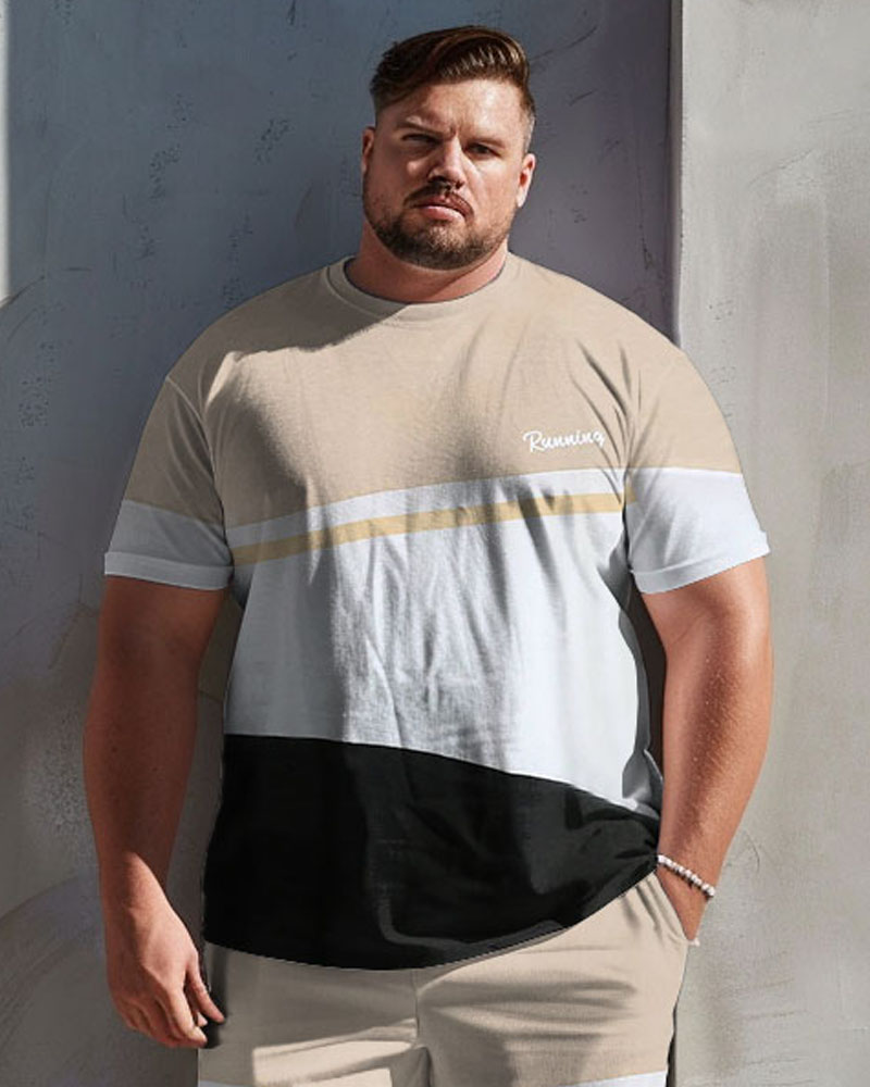 Men's Plus Size Casual Simple Khaki Colorblock Print T-Shirt Shorts Suit