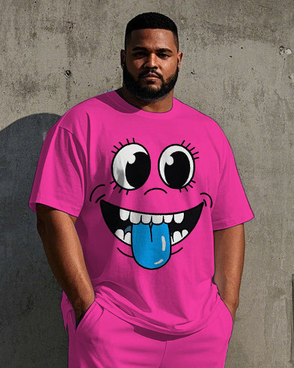 Big Men's Weird Face Cartoon Printed Outdoor 2-Piece Short Sleeve T-shirt Pants Set