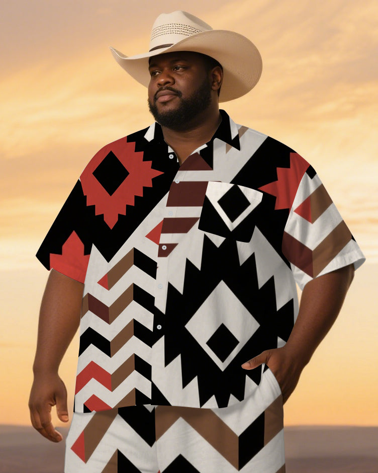 Big Men's Classic Geometric Pattern Western Style Casul Short-Sleeve Shirt Pants Sets