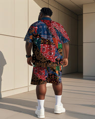Men's Plus Size Street Fashion Paisley Colorblock Print Shirt Shorts Suit
