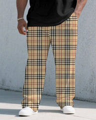 Men's Plus Size Black & Khaki Plaid Chest Pocket Printed Short-sleeved T-shirt Trousers Suit