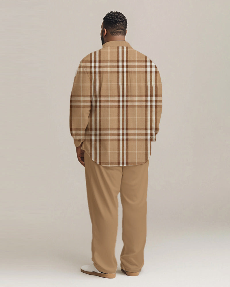 Men's Plus Size Daily Casual Classic Khaki Plaid Long Sleeve Shirt Trousers Suit
