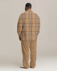 Men's Plus Size Daily Casual Classic Khaki Plaid Long Sleeve Shirt Trousers Suit