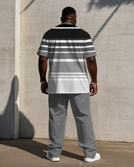 Men's Plus Size Black Gray Thick Striped Short Sleeve T-shirt Trousers Suit