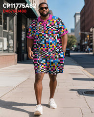 Big & Tall Men's Colorful Pixel Colorblock Printed Short Sleeve Polo Shirt Shorts Suit