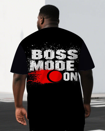 Men's Simple Punk Style BOSS MODE ON Black Print Short-Sleeve T-shirt and Shorts Big & Tall Set