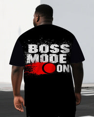Men's Simple Punk Style BOSS MODE ON Black Print Short-Sleeve T-shirt and Shorts Big & Tall Set