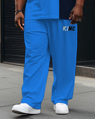 Men's Big Size Splicing Blue & Black Color Block KING Printed Short Sleeve T-shirt Pants Set