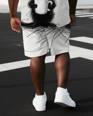 Big & Tall Men's Cartoon Black Cat with Coffee Back Print Casual Short-Sleeve T-shirt Shorts Set