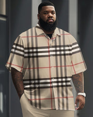 Big Men's Causal Plaid Short Sleeve Shirt and Trousers Set