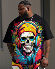Men's Plus Size Street Fashion Graffiti Skull Print T-Shirt Trousers Suit
