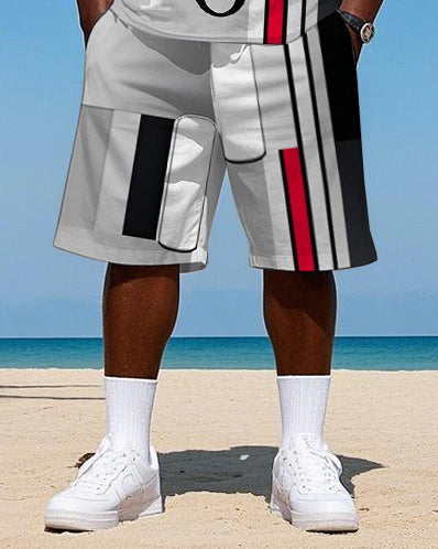 Big Men's POLO Gradient Geometric Color Block Printed Short Sleeve T-Shirt and Shorts Set