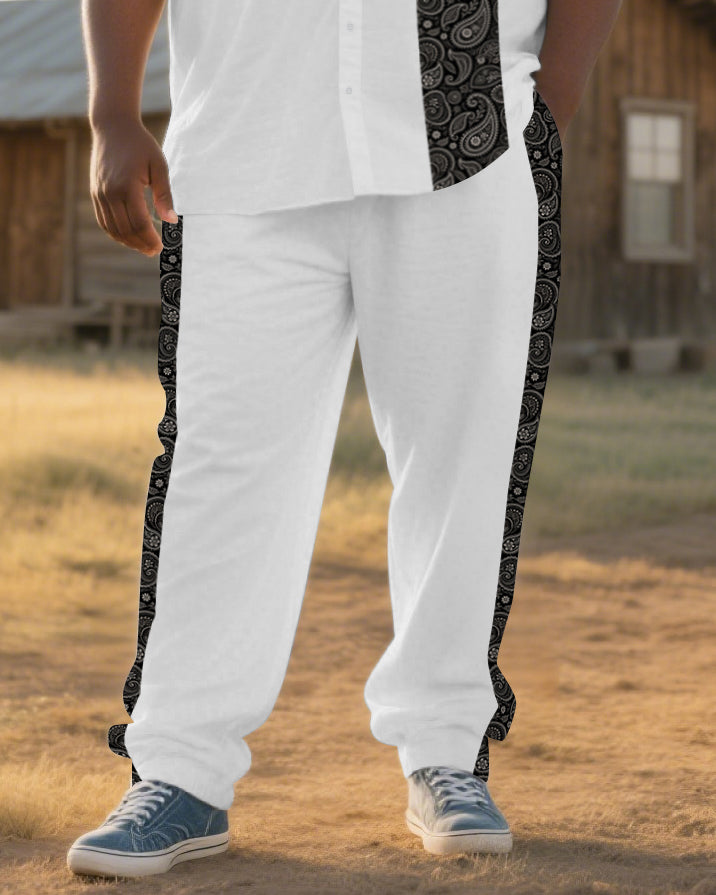 Men's Western Paisley Splicing Pattern Casual Big & Tall Short-Sleeve Shirt Trouser Sets
