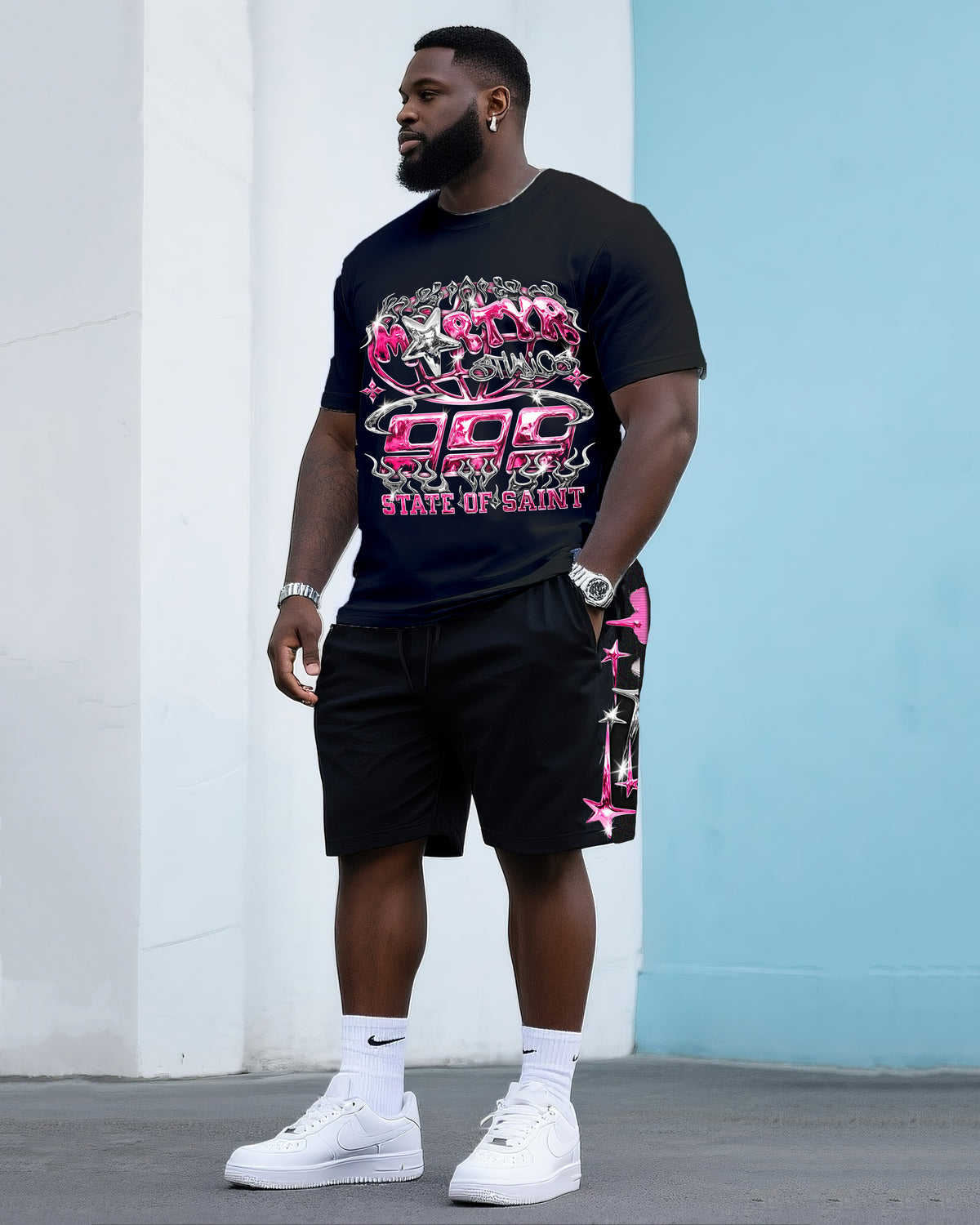 Big & Tall Men's Street Fashion Pink Letters Creative Printed Round Neck T-Shirt Shorts Suit