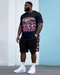 Big & Tall Men's Street Fashion Pink Letters Creative Printed Round Neck T-Shirt Shorts Suit