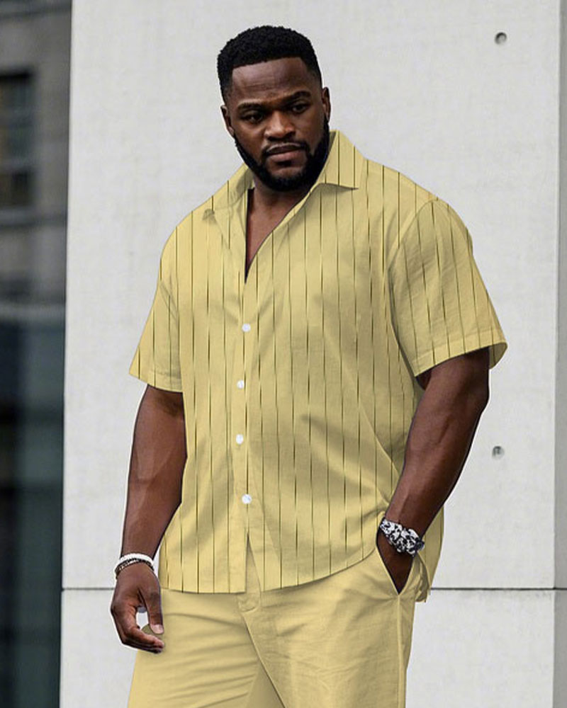 Men's Plus Size Business Fashion Yellow Striped Short Sleeve Shirt Trousers Suit