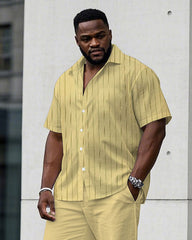 Men's Plus Size Business Fashion Yellow Striped Short Sleeve Shirt Trousers Suit