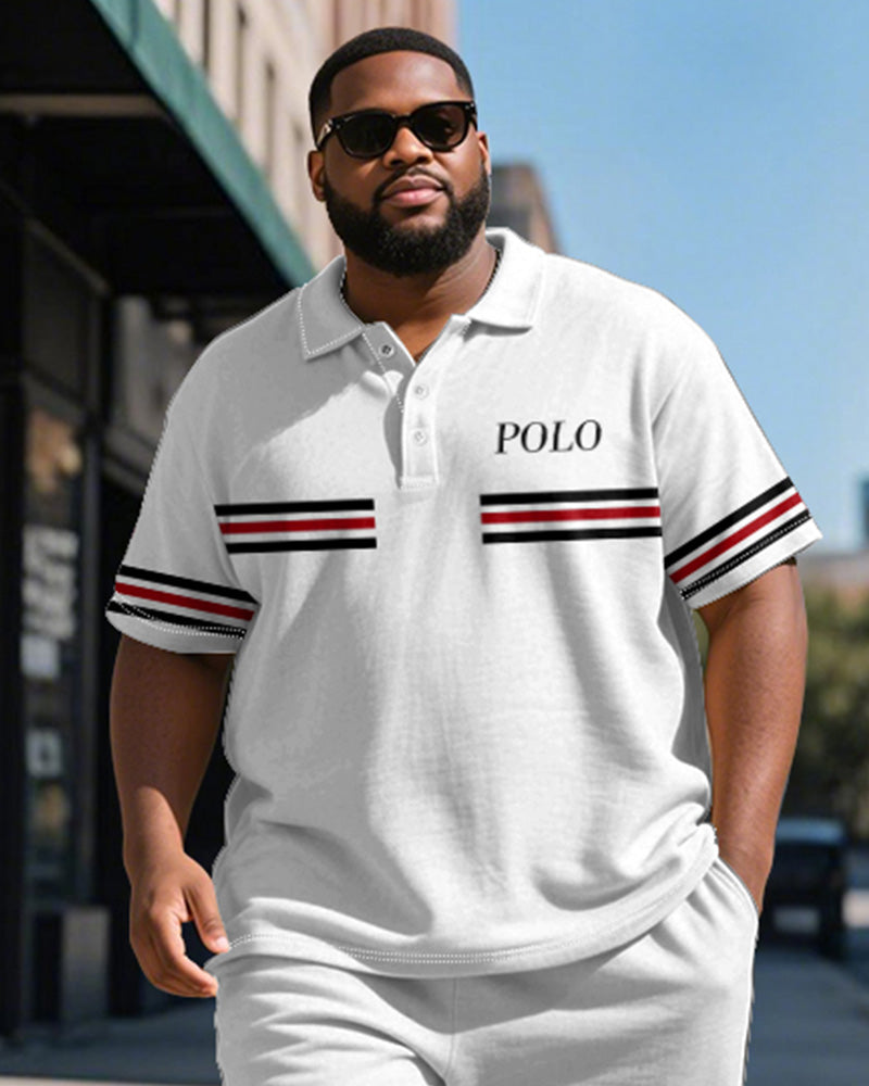 Men's Plus Size Daily White Stripe Alphabet Print Short Sleeve Polo Shirt Shorts Suit