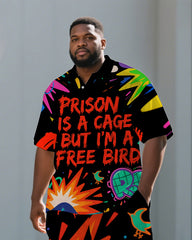 Big Men's Cartoon Letter Graffiti PRISON Theme Short Sleeve Polo Shirt Shorts Casual Set