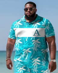 Men's Plus Size Hawaiian Tropical Plant Alphabet Print Polo Shirt Shorts Suit