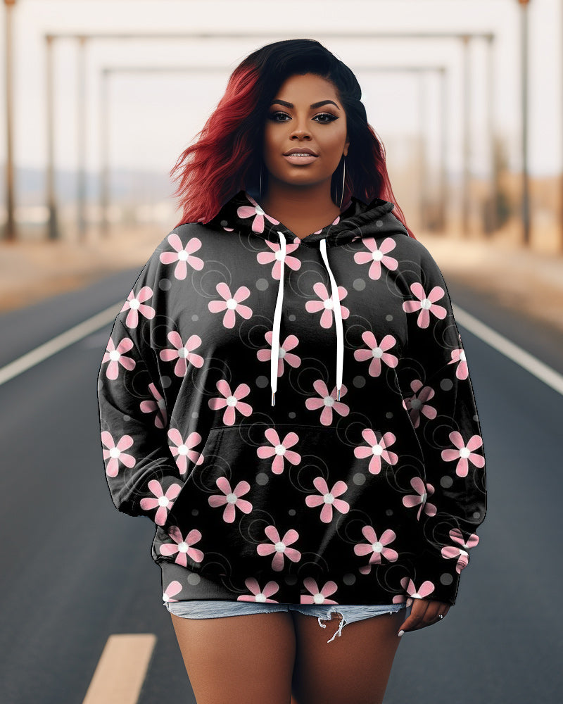 Big and Tall Women's Floral Petal Mesh Long Sleeve Hoodie