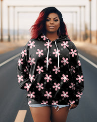 Big and Tall Women's Floral Petal Mesh Long Sleeve Hoodie