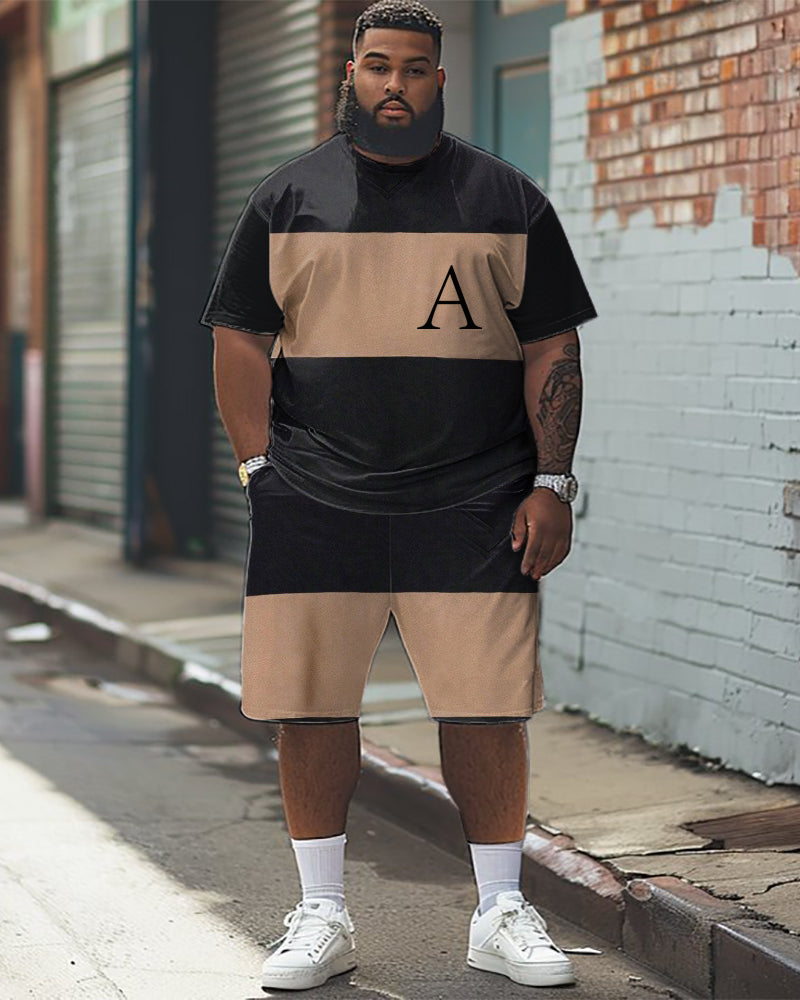 Big Guys Simple Colorblock Alphabet Print T-shirt Shorts Set