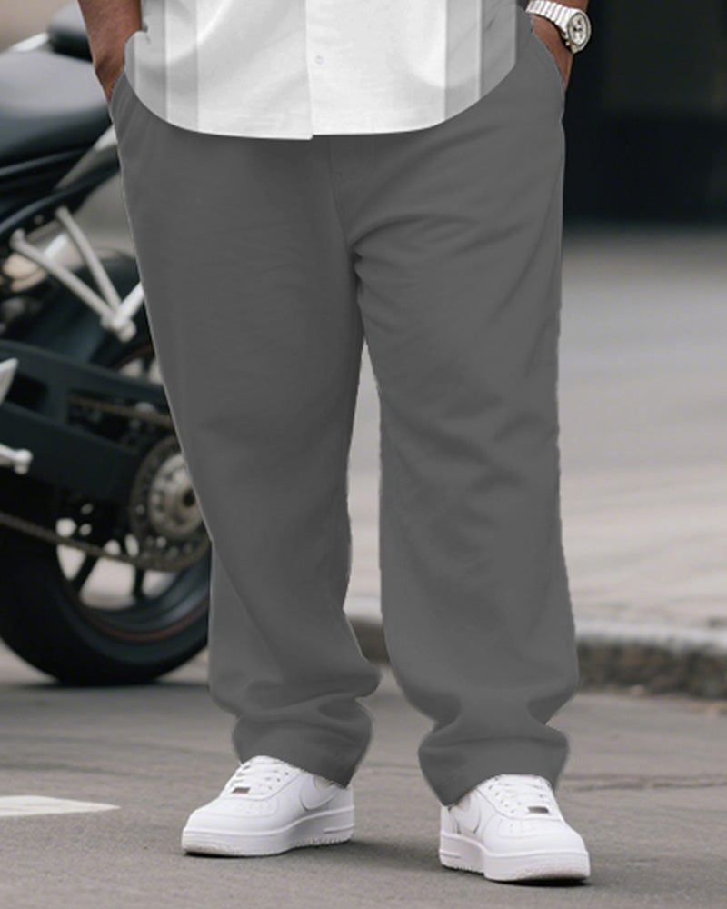 Men's Plus Size Business Gray Gradient Stripe Print Short Sleeve Shirt Trousers Suit