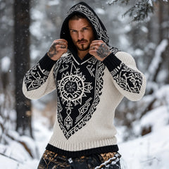 Men's Viking Tribal Celtic Inspired Printed Chunky Knit Hooded Sweater