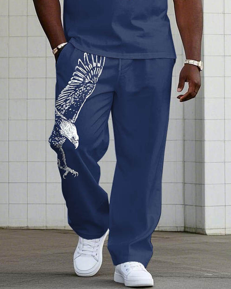 Simple Daily Casual Shoulder Eagle Silhouette Print Short-sleeved POLO Trousers Set Big & Tall Men's