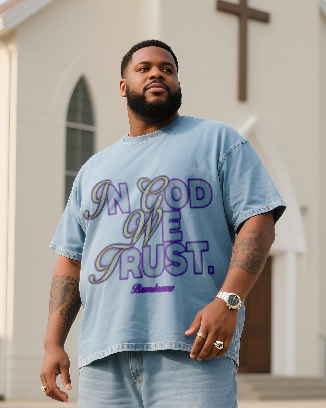Plus Size Men's Faith Printed Denim T-Shirt Pants Suit