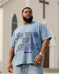 Plus Size Men's Faith Printed Denim T-Shirt Pants Suit