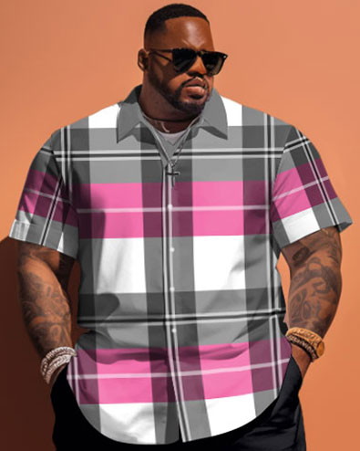 Big Build Men's Pink Plaid Print Short Sleeve Shirt Shorts Set