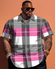 Big Build Men's Pink Plaid Print Short Sleeve Shirt Shorts Set