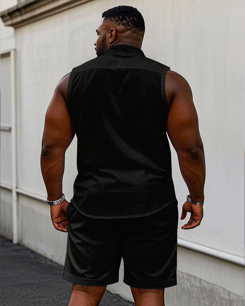 Men's Plus Size Black & Red Colorblock Sleeveless Vest Shirt Shorts Suit