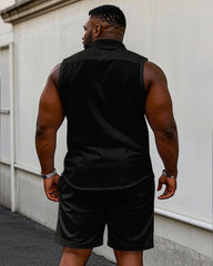 Men's Plus Size Black & Red Colorblock Sleeveless Vest Shirt Shorts Suit