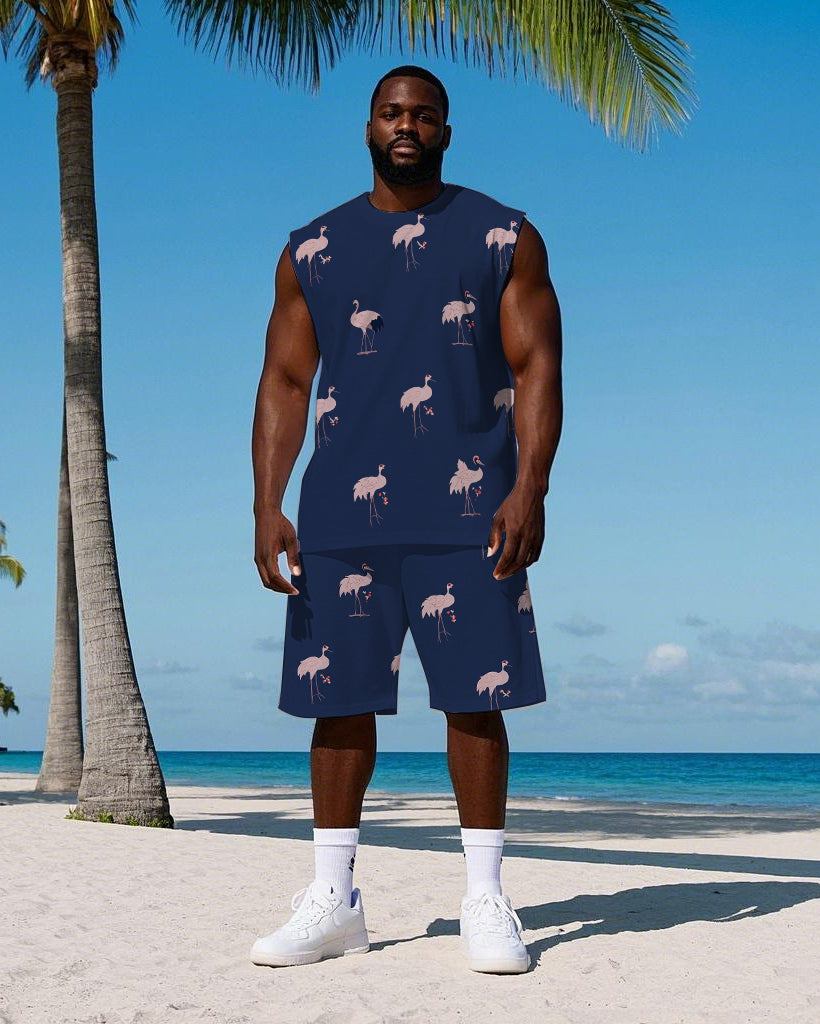Men's Big Size Cartoon Red-crowned Crane Printed Hawaiian Vest and Shorts Set