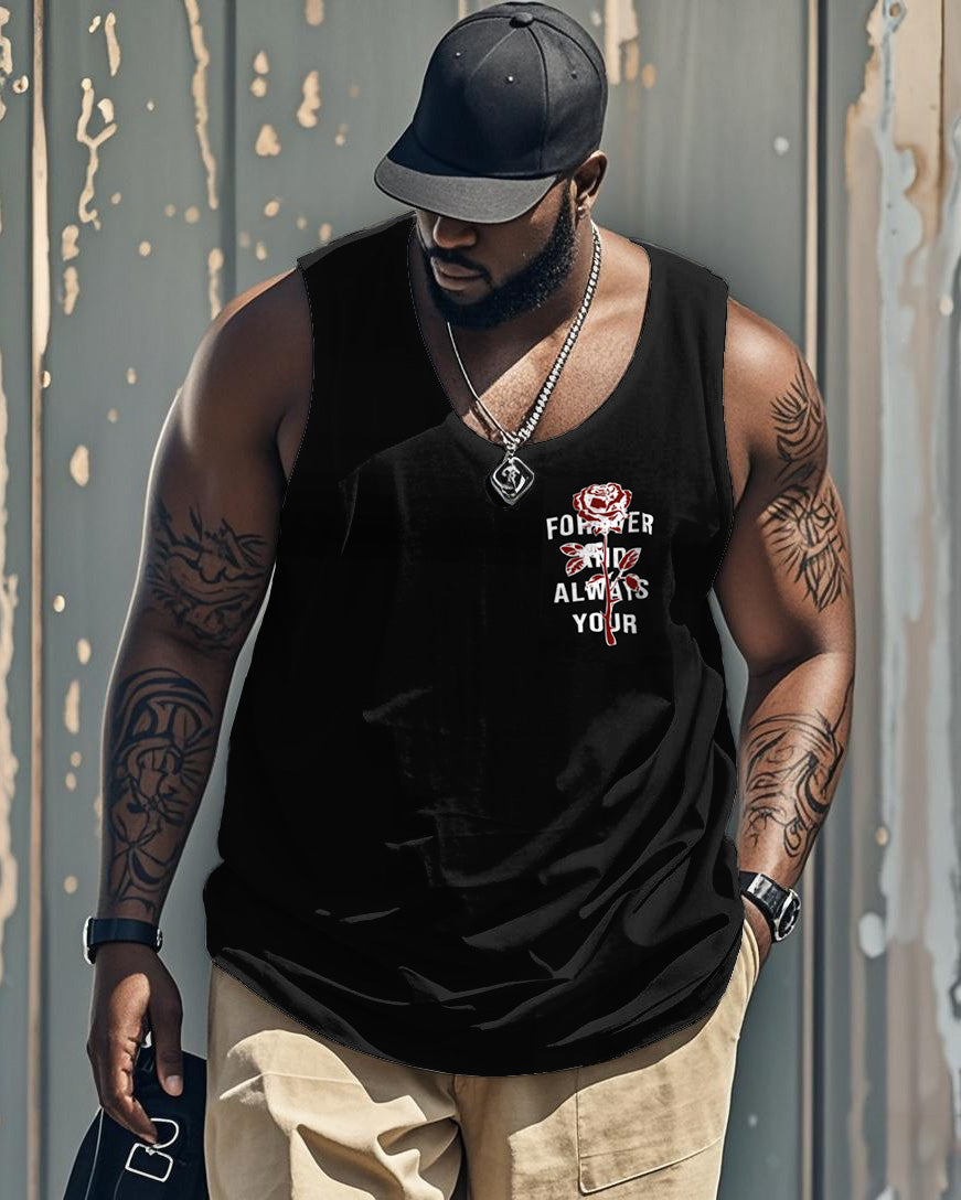 Men's Plus Size Street Fashion Rose Alphabet Print Round Neck Sleeveless Vest